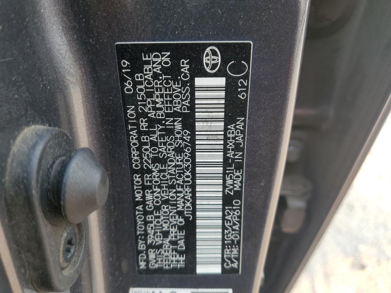 2019 Toyota Prius VIN: JTDKARFU0K3096749 Lot: 64492745