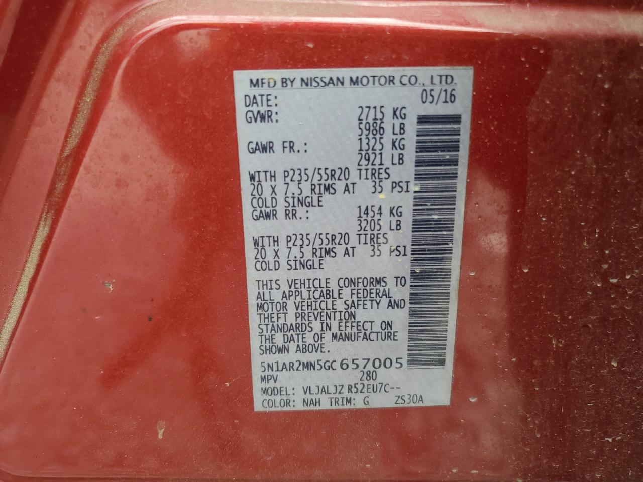 2016 Nissan Pathfinder S VIN: 5N1AR2MN5GC657005 Lot: 66299555