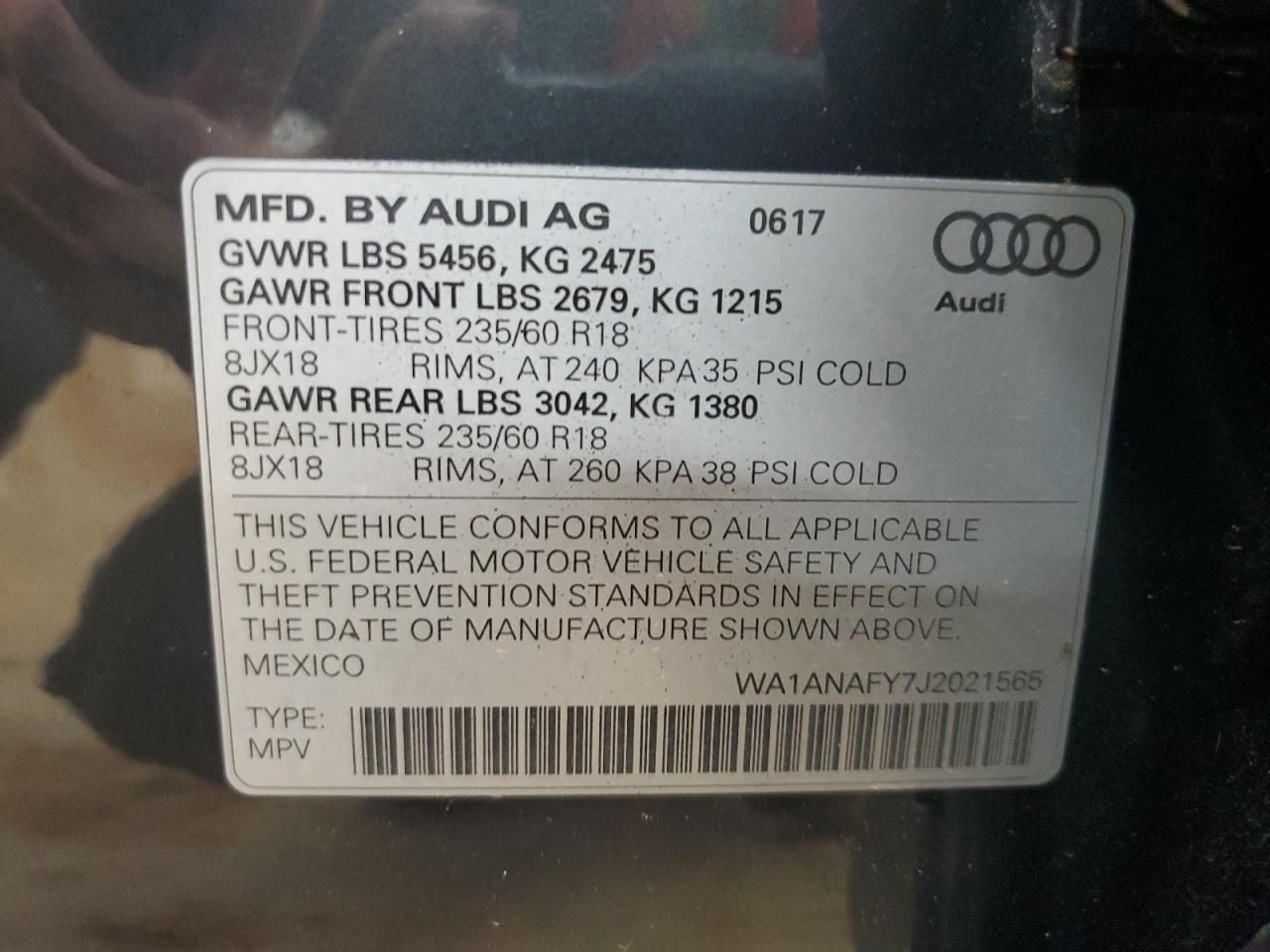 wa1anafy7j2021565 WA1ANAFY7J2021565 2018 Audi Q5 Premium