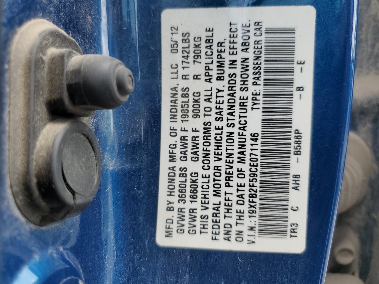 2012 Honda Civic Lx VIN: 19XFB2F59CE071146 Lot: 65905395