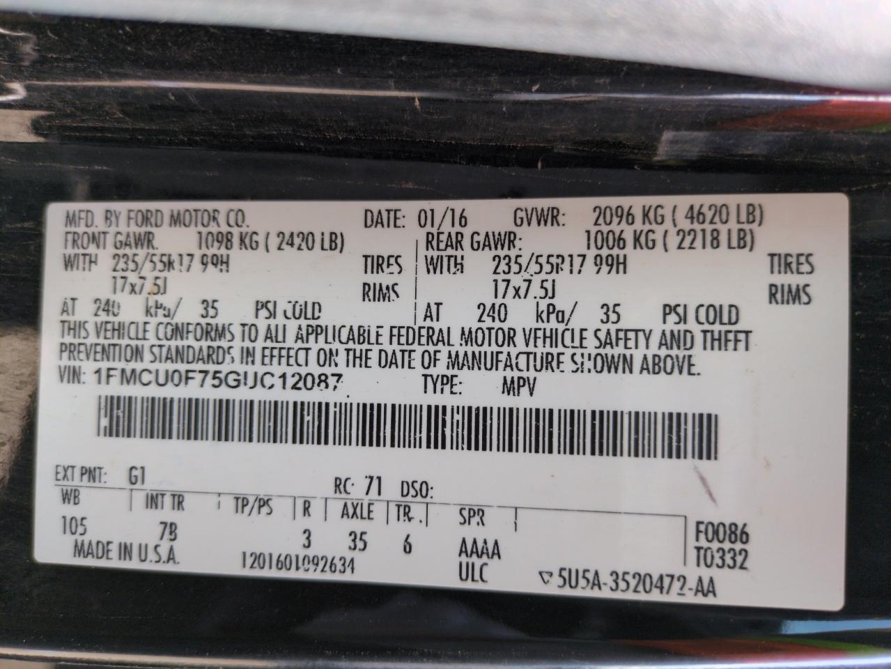 2016 Ford Escape S VIN: 1FMCU0F75GUC12087 Lot: 63982505