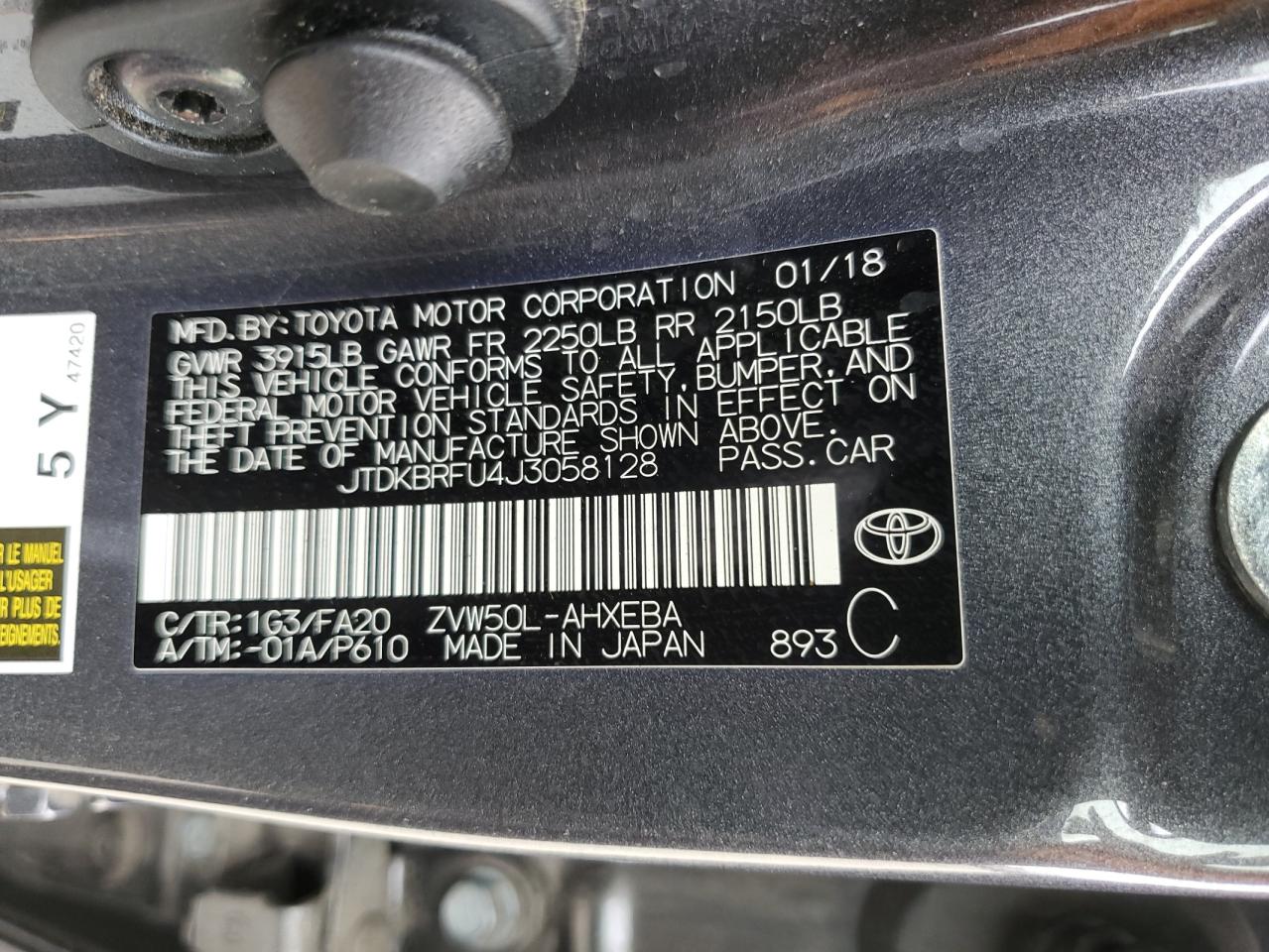 2018 Toyota Prius VIN: JTDKBRFU4J3058128 Lot: 65808395