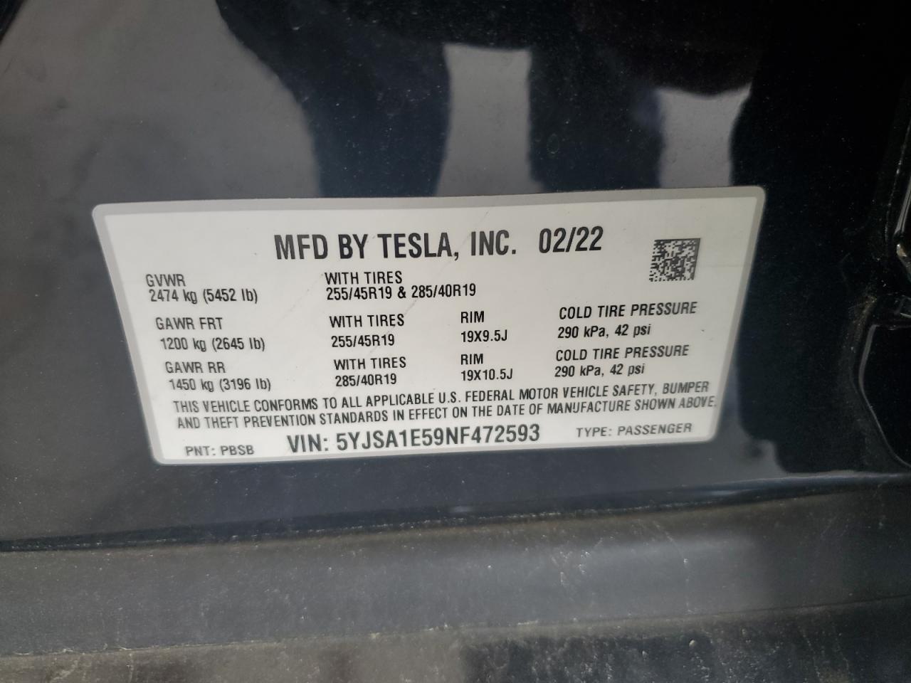 2022 Tesla Model S VIN: 5YJSA1E59NF472593 Lot: 64378565