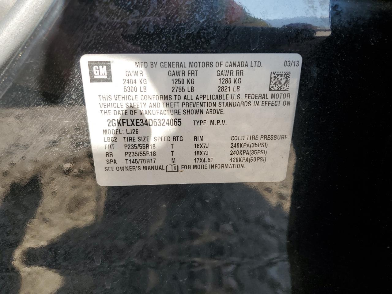 2013 GMC Terrain Slt VIN: 2GKFLXE34D6324065 Lot: 65217415