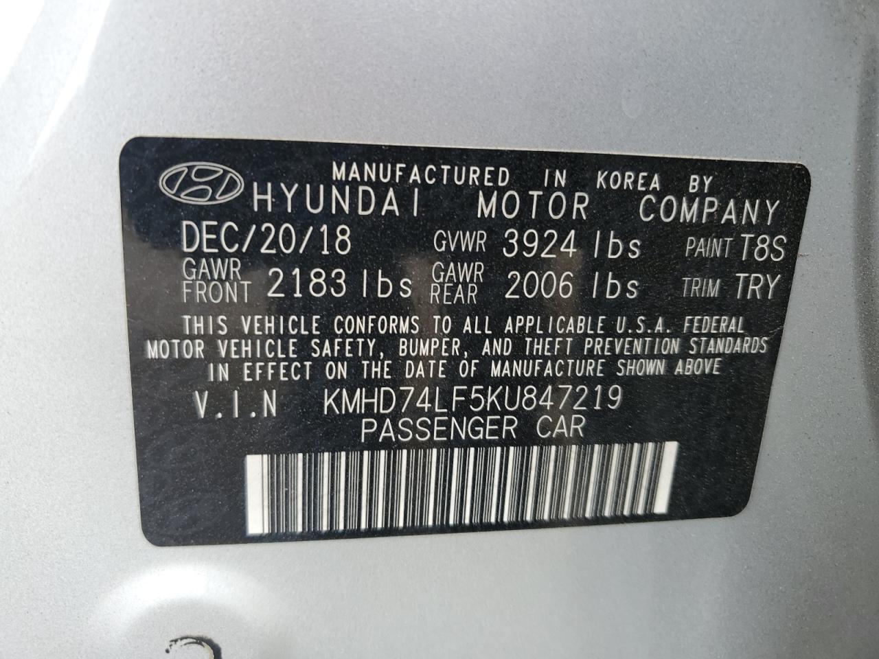 2019 Hyundai Elantra Se VIN: KMHD74LF5KU847219 Lot: 63519955