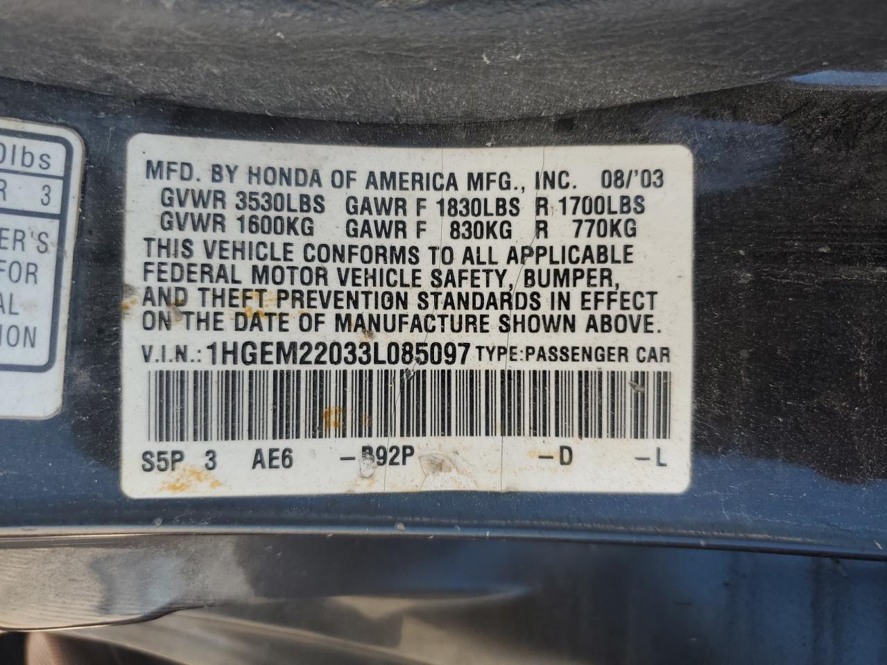 2003 Honda Civic Ex VIN: 1HGEM22033L085097 Lot: 62957245
