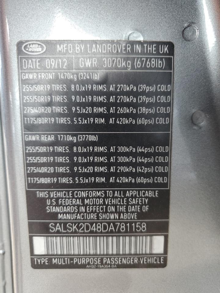 2013 Land Rover Range Rover Sport Hse Luxury VIN: SALSK2D48DA781158 Lot: 64103255