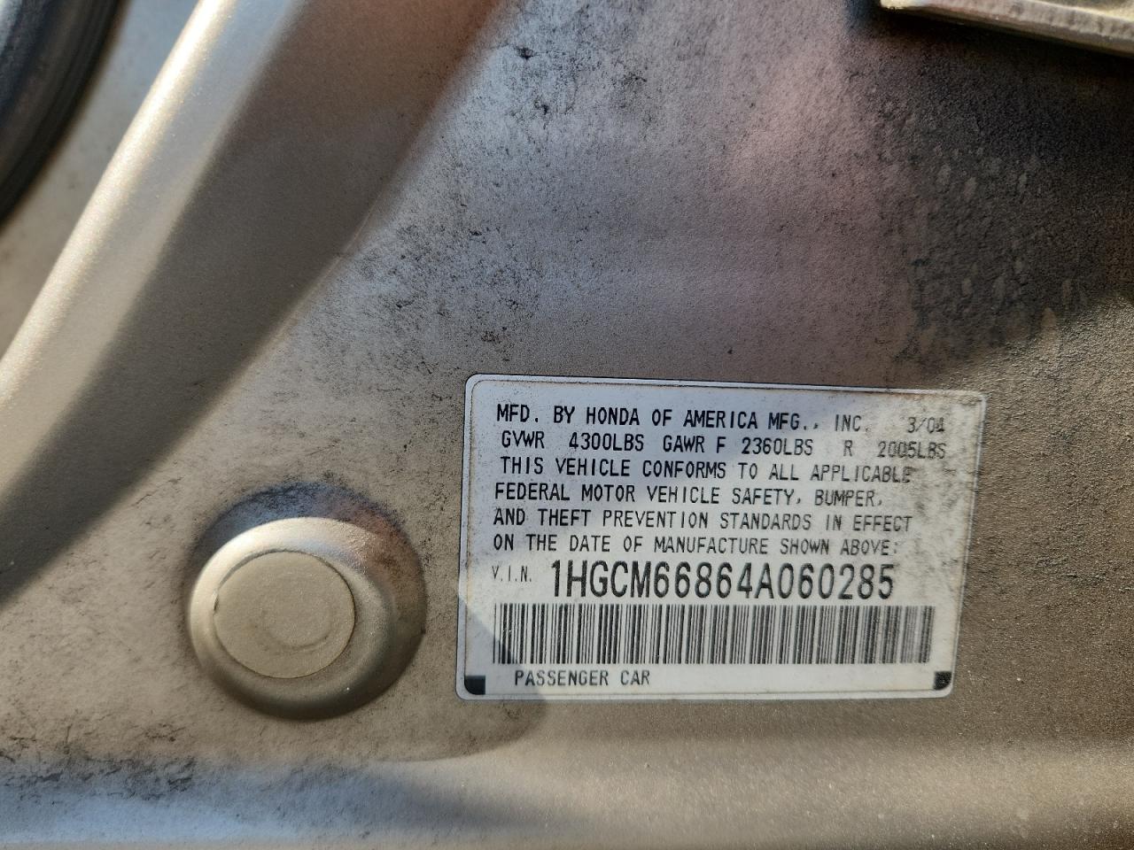 2004 Honda Accord Ex VIN: 1HGCM66864A060285 Lot: 59214825