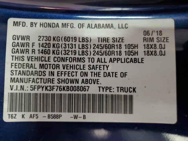2019 HONDA RIDGELINE RTL  