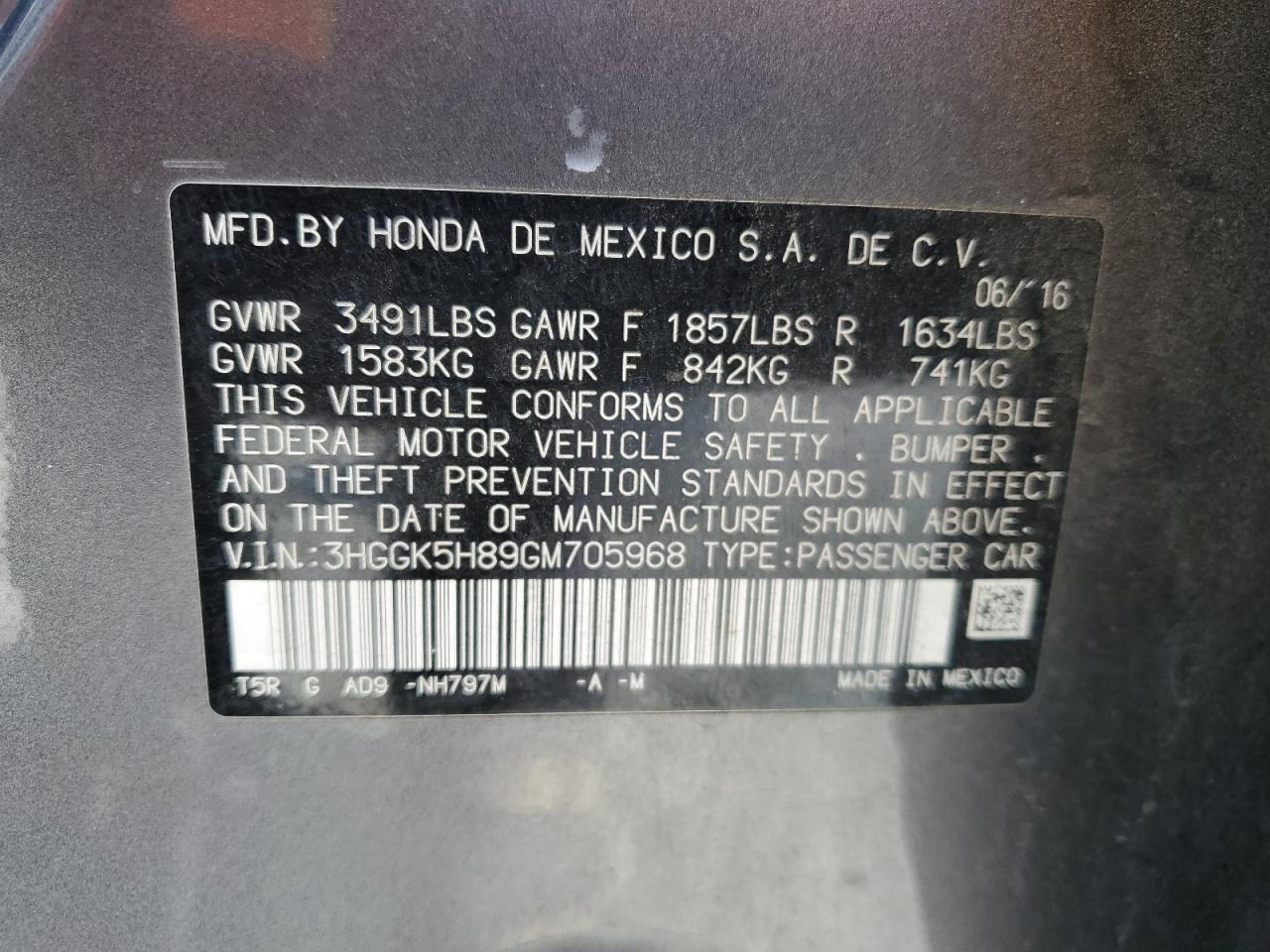 2016 Honda Fit Ex VIN: 3HGGK5H89GM705968 Lot: 65389695