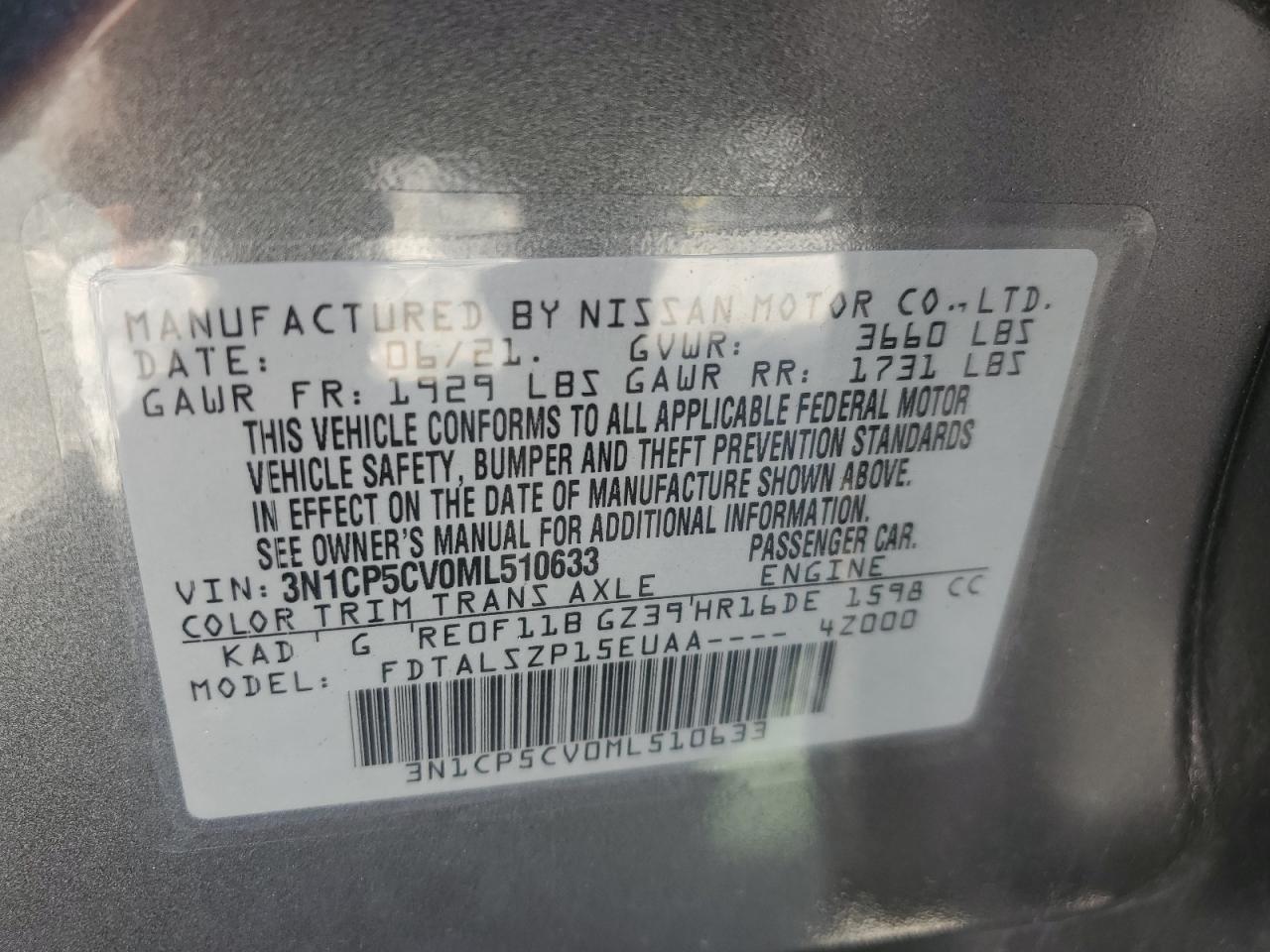2021 Nissan Kicks Sv VIN: 3N1CP5CV0ML510633 Lot: 63695335