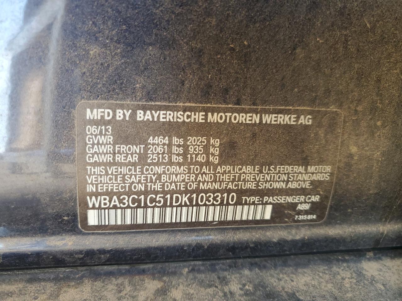 2013 BMW 328 I Sulev VIN: WBA3C1C51DK103310 Lot: 65470695