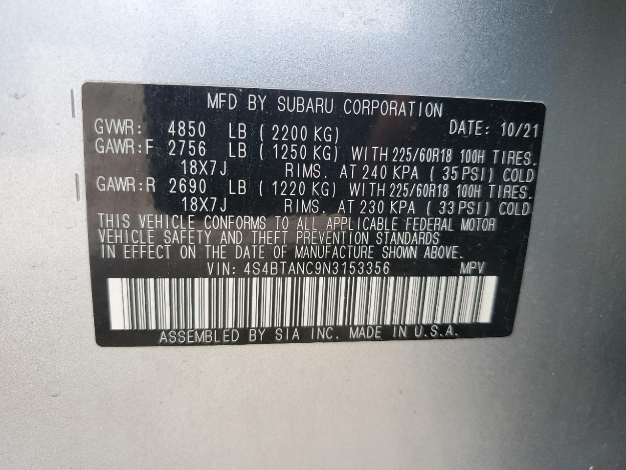2022 Subaru Outback Limited VIN: 4S4BTANC9N3153356 Lot: 63649895