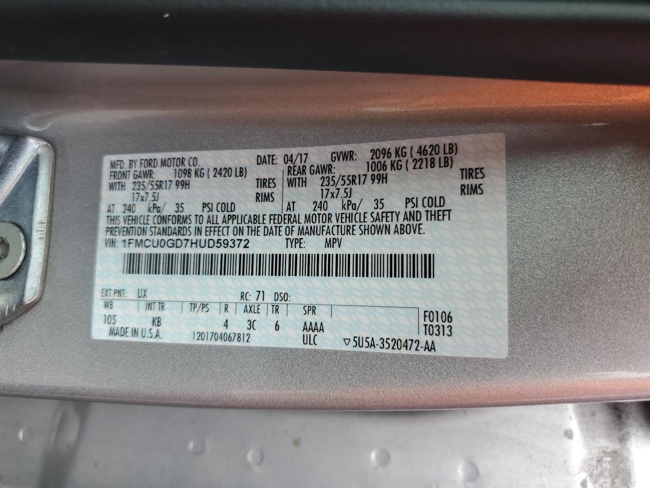 2017 Ford Escape Se VIN: 1FMCU0GD7HUD59372 Lot: 65415285
