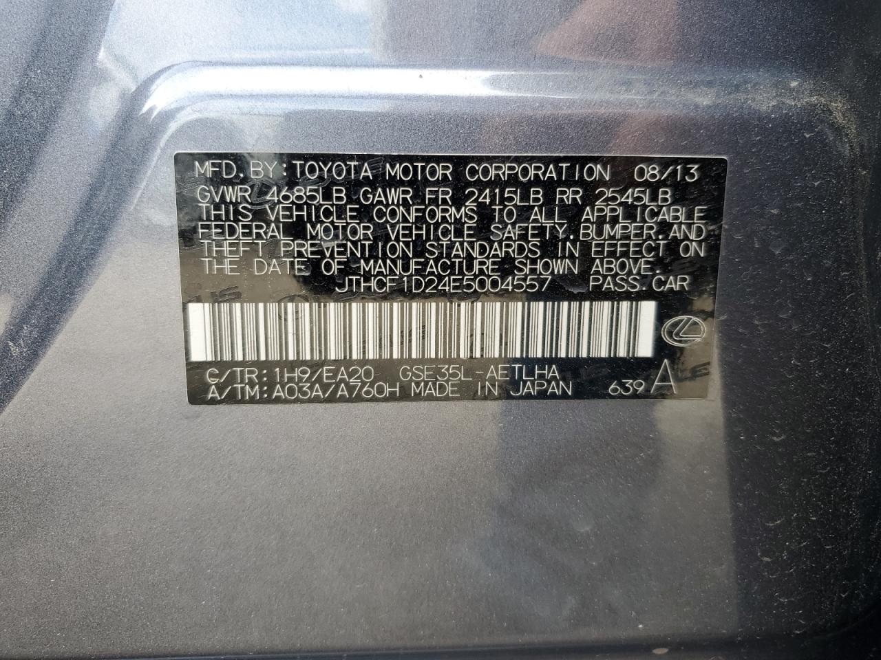 2014 Lexus Is 250 VIN: JTHCF1D24E5004557 Lot: 64330255