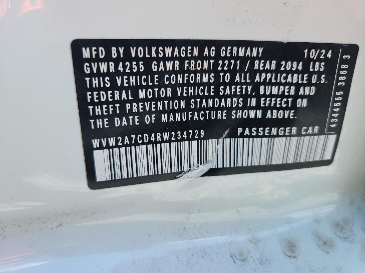 2024 Volkswagen Gti Se VIN: WVW2A7CD4RW234729 Lot: 66814625