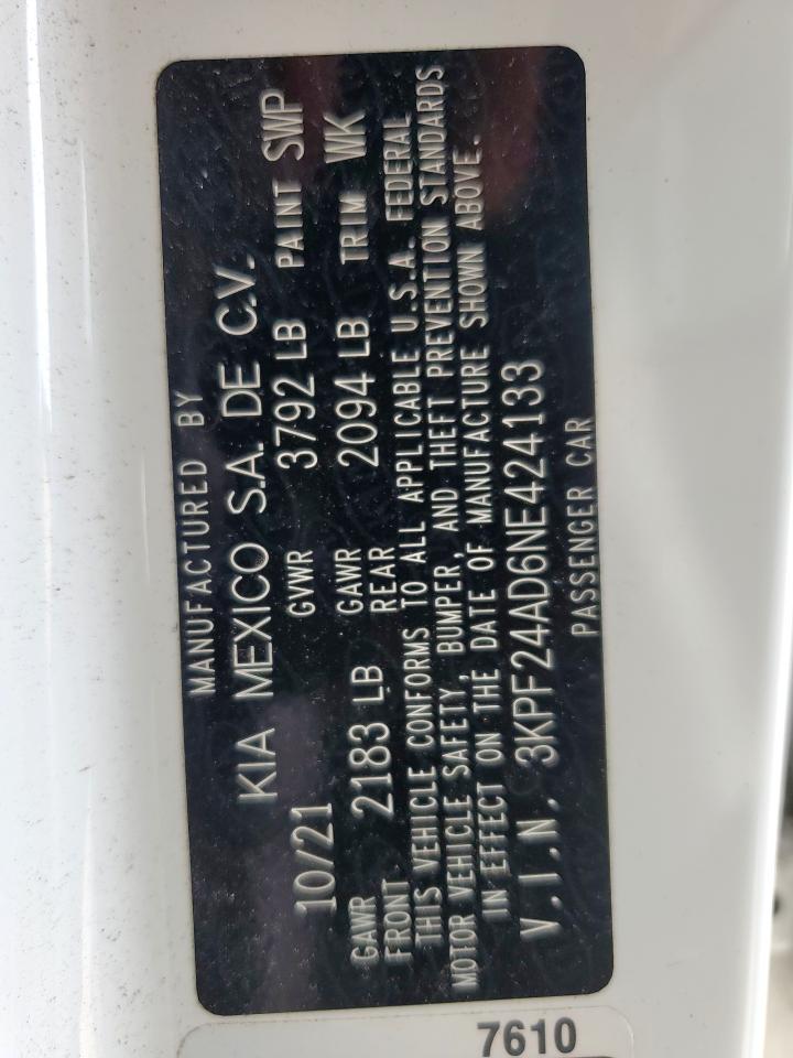 2022 Kia Forte Fe VIN: 3KPF24AD6NE424133 Lot: 63789825