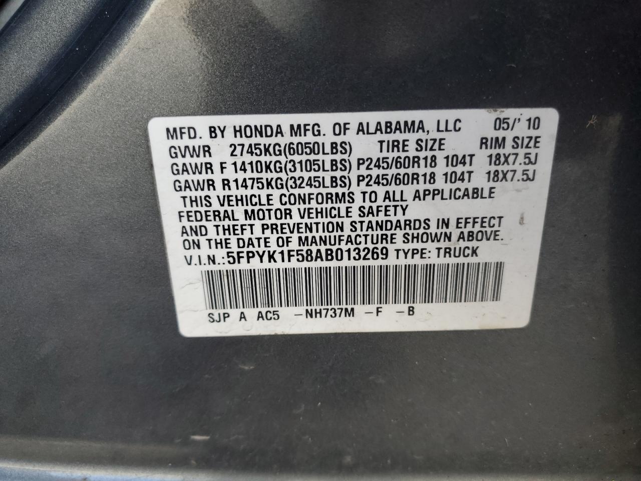 2010 Honda Ridgeline Rtl VIN: 5FPYK1F58AB013269 Lot: 63351705