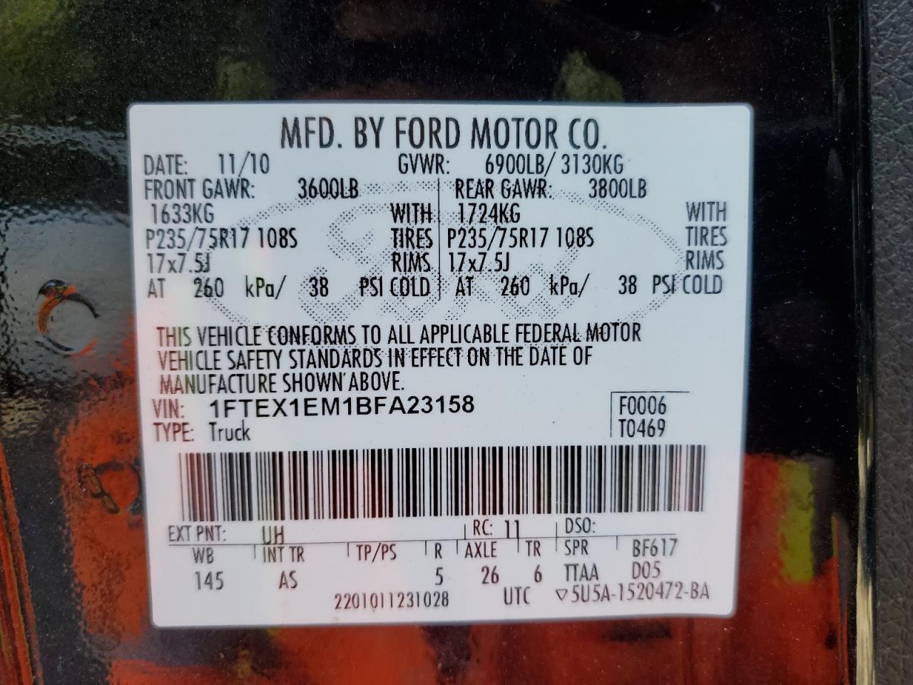 2011 Ford F150 Super Cab VIN: 1FTEX1EM1BFA23158 Lot: 65910575