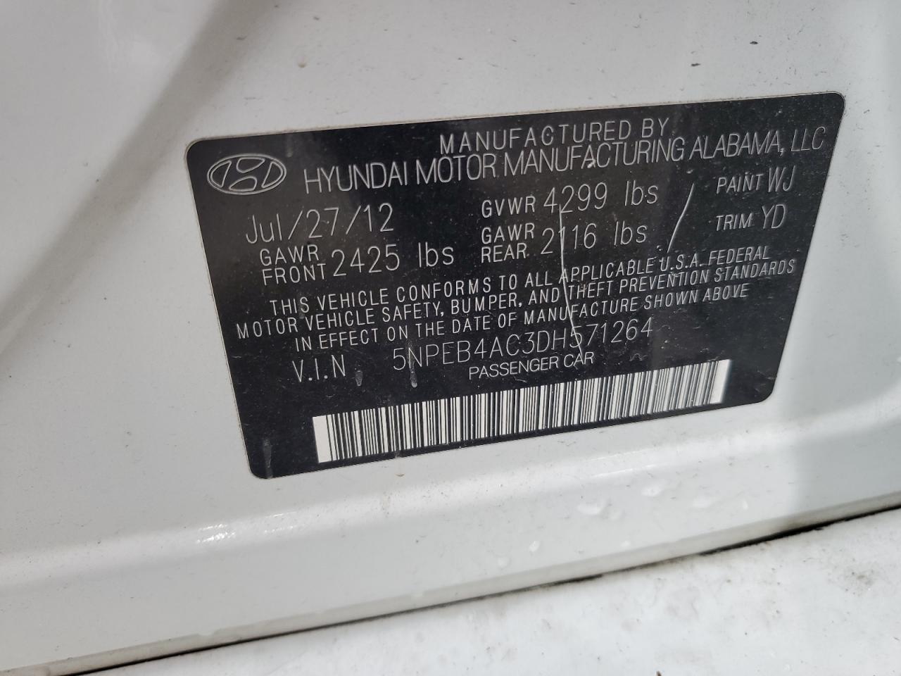 2013 Hyundai Sonata Gls VIN: 5NPEB4AC3DH571264 Lot: 67108725