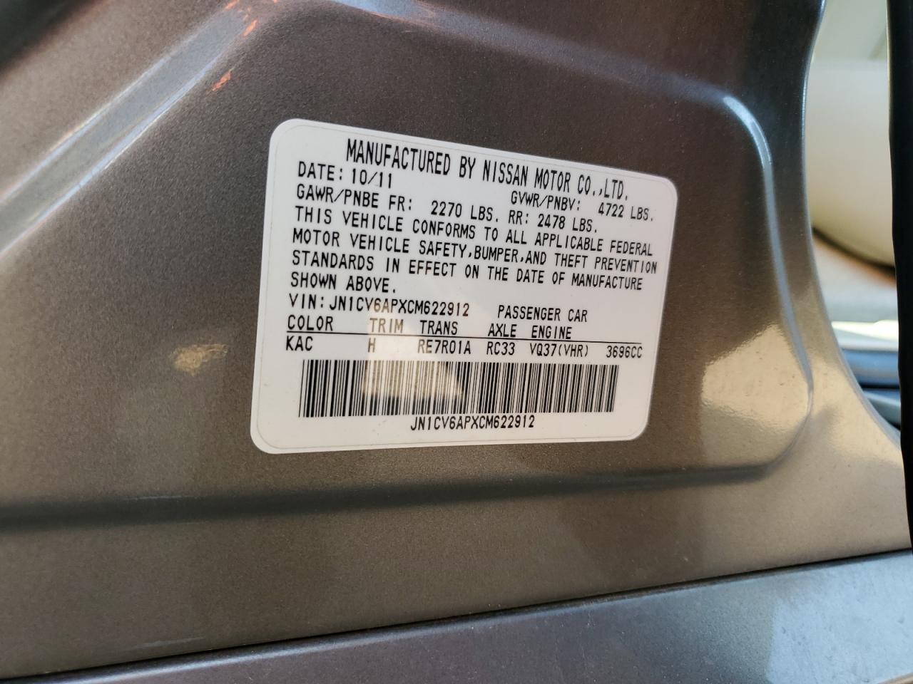 2012 Infiniti G37 Base VIN: JN1CV6APXCM622912 Lot: 66346915