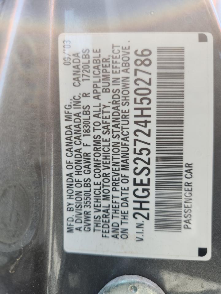 2004 Honda Civic Ex VIN: 2HGES25724H502786 Lot: 62166965