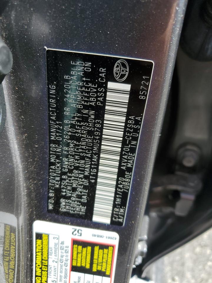 2021 Toyota Camry Se VIN: 4T1G11AK1MU549783 Lot: 65423915