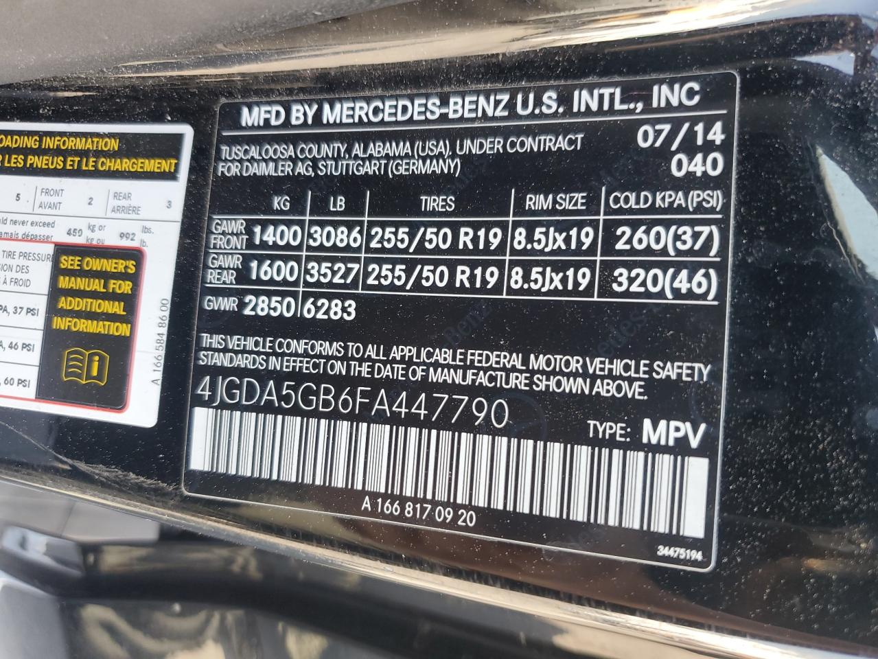 2015 Mercedes-Benz Ml 400 4Matic VIN: 4JGDA5GB6FA447790 Lot: 64006955
