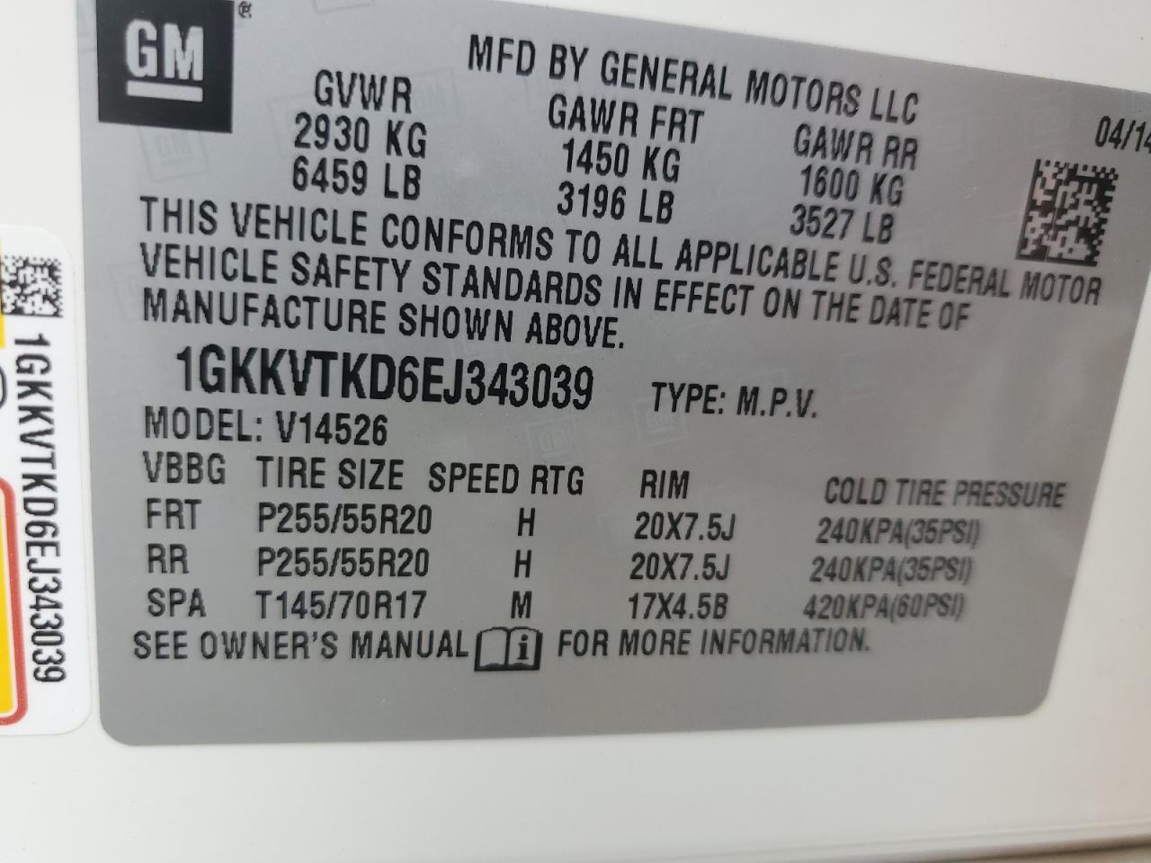 2014 GMC Acadia Denali VIN: 1GKKVTKD6EJ343039 Lot: 64000195