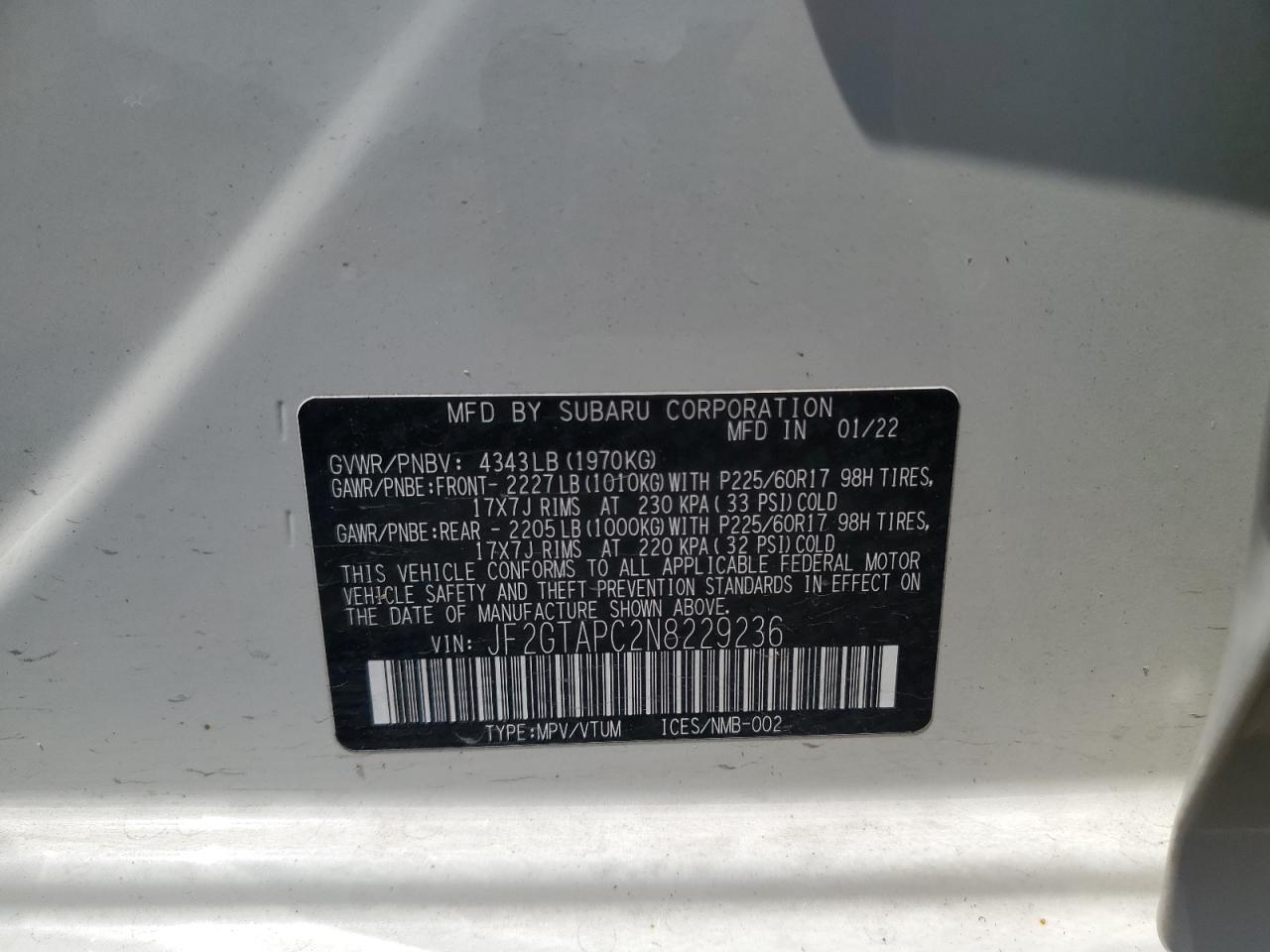 2022 Subaru Crosstrek Premium VIN: JF2GTAPC2N8229236 Lot: 64302295
