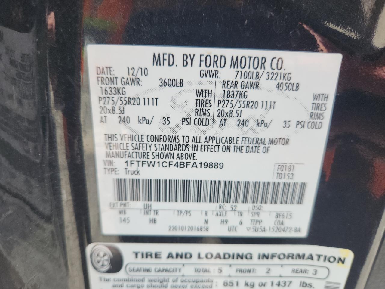 2011 Ford F150 Supercrew VIN: 1FTFW1CF4BFA19889 Lot: 64999515