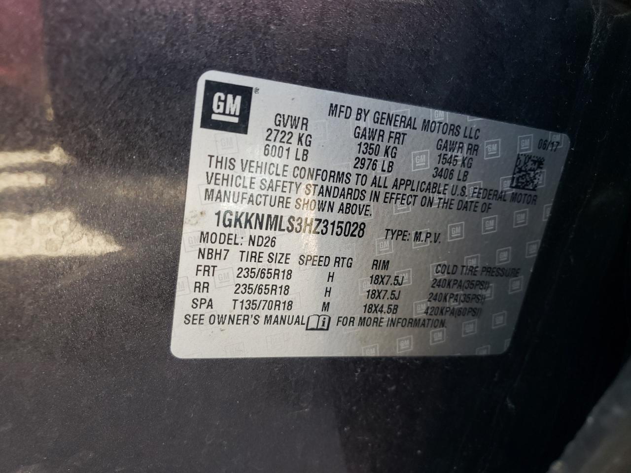 2017 GMC Acadia Slt-1 VIN: 1GKKNMLS3HZ315028 Lot: 64178675