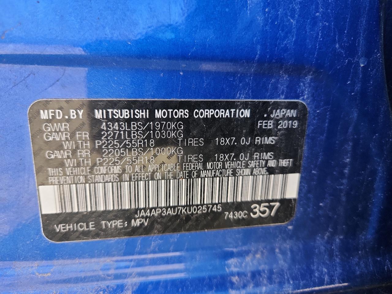 2019 Mitsubishi Outlander Sport Es VIN: JA4AP3AU7KU025745 Lot: 63409155