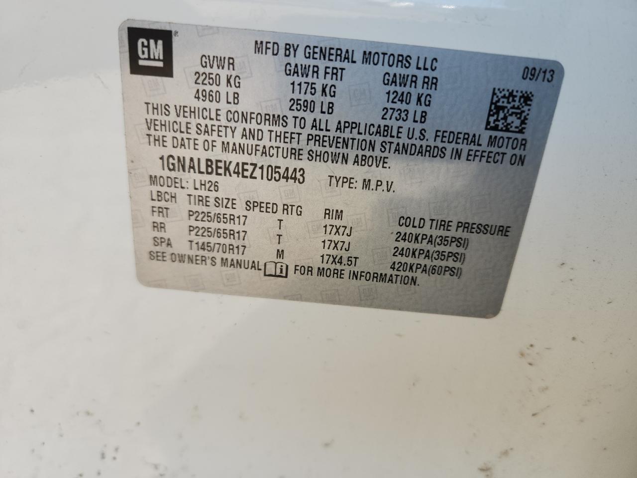 2014 Chevrolet Equinox Lt VIN: 1GNALBEK4EZ105443 Lot: 63675815