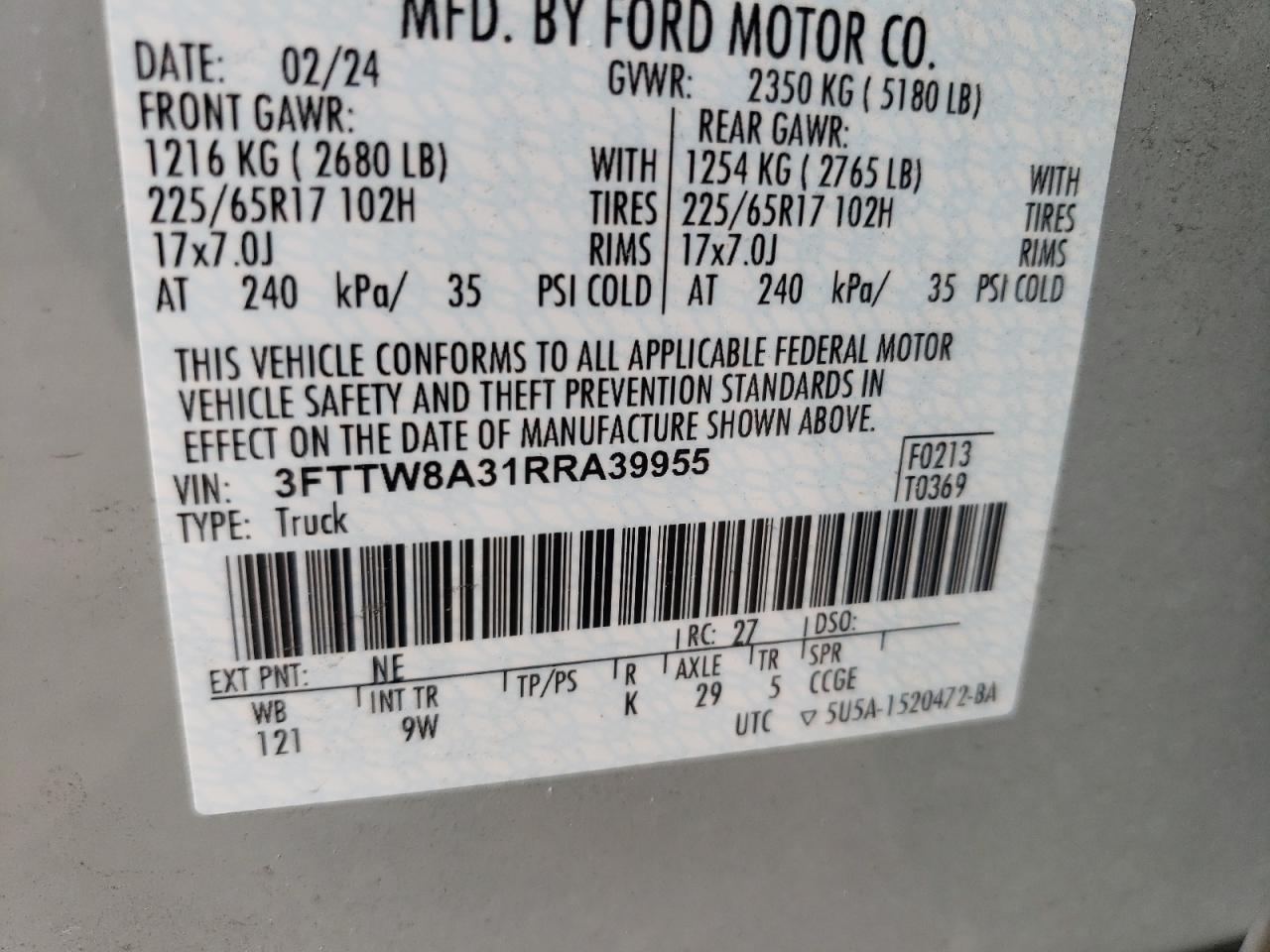 2024 Ford Maverick Xl VIN: 3FTTW8A31RRA39955 Lot: 64180985