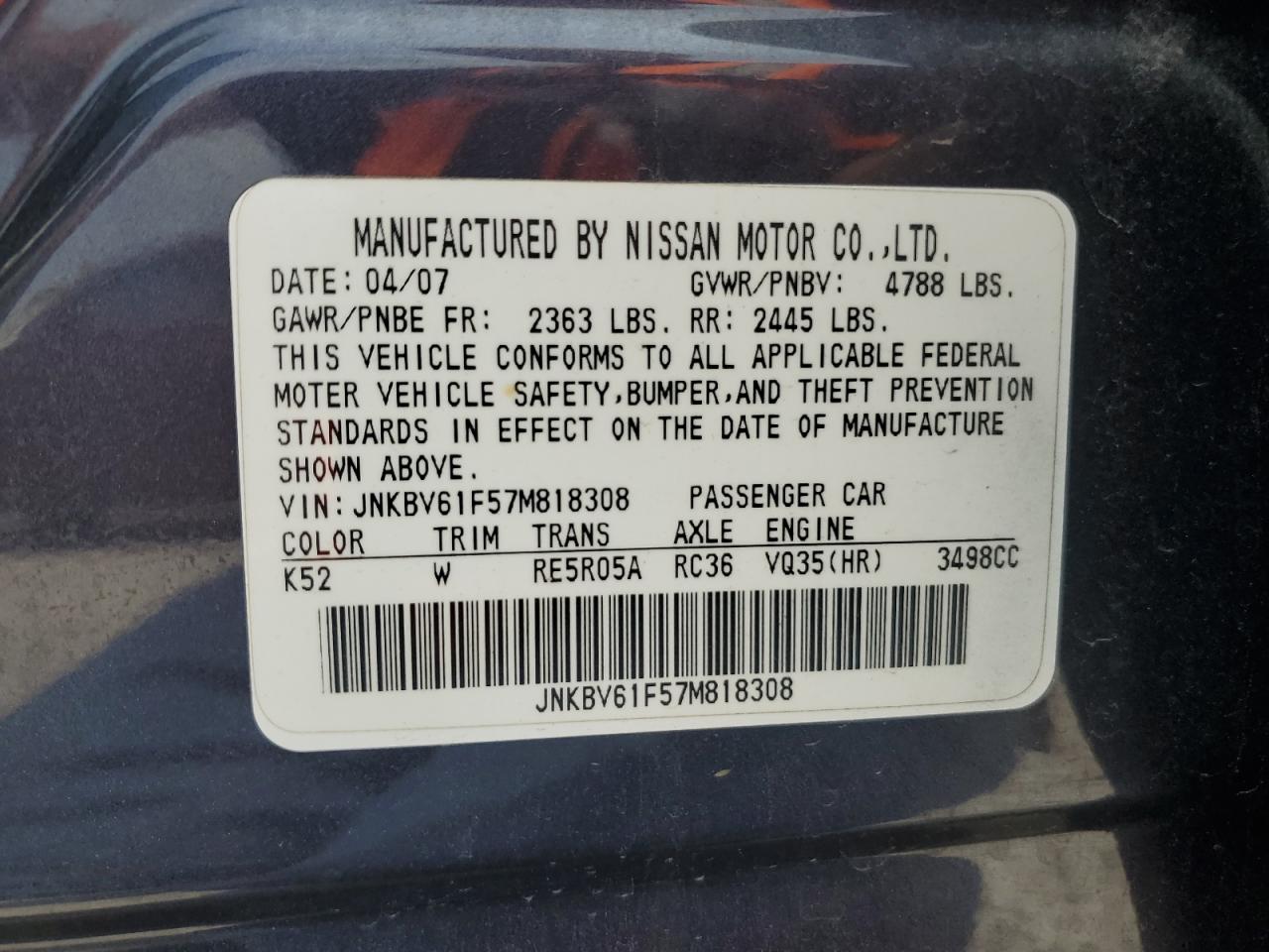 2007 Infiniti G35 VIN: JNKBV61F57M818308 Lot: 64679125