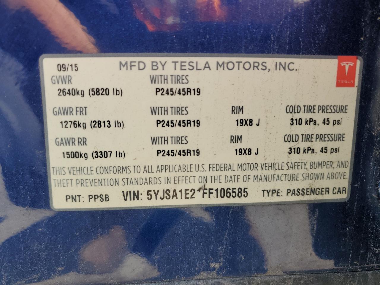 2015 Tesla Model S VIN: 5YJSA1E21FF106585 Lot: 65399835