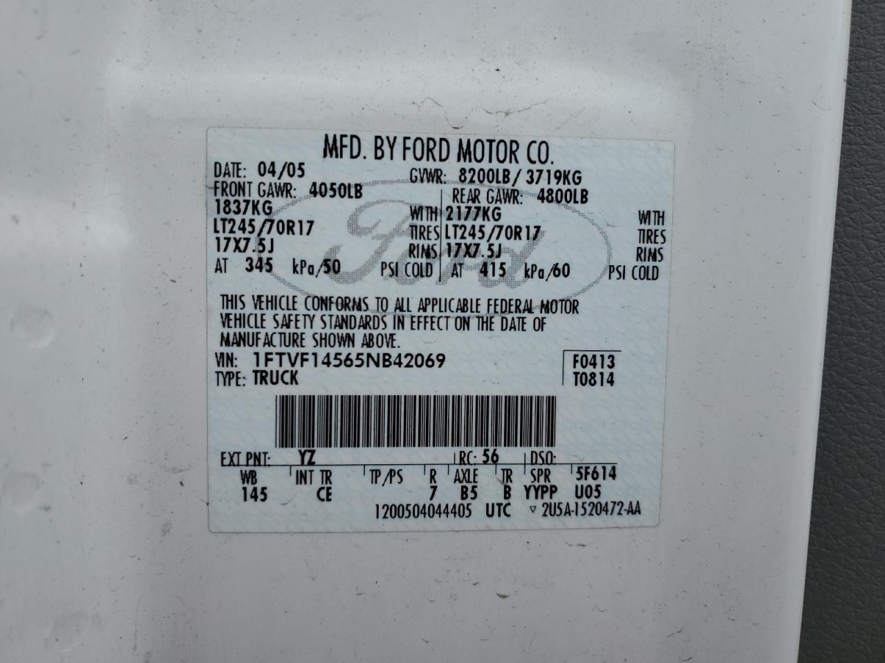 2005 Ford F150 VIN: 1FTVF14565NB42069 Lot: 63393805