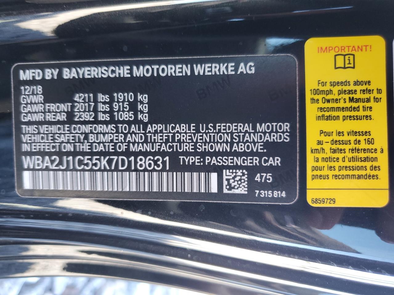2019 BMW 230I VIN: WBA2J1C55K7D18631 Lot: 65384985