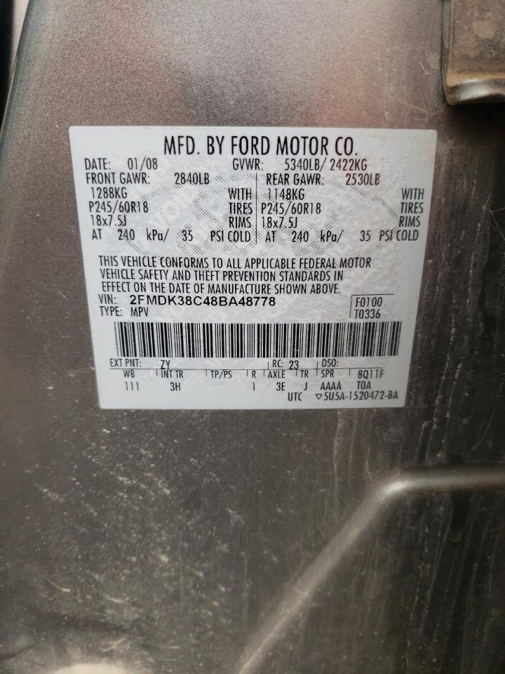2008 Ford Edge Sel VIN: 2FMDK38C48BA48778 Lot: 64238125