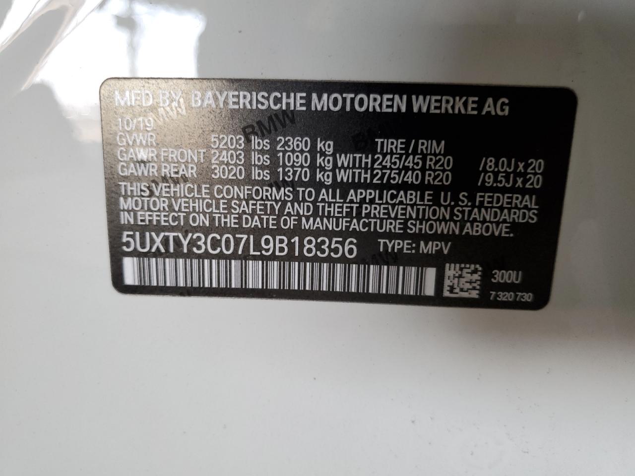 2020 BMW X3 Sdrive30I VIN: 5UXTY3C07L9B18356 Lot: 64137295