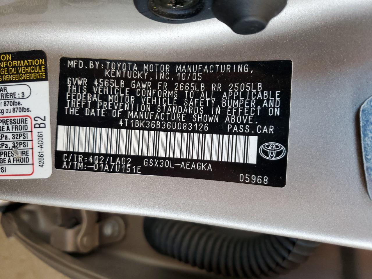 2006 Toyota Avalon Xl VIN: 4T1BK36B36U083126 Lot: 64073135