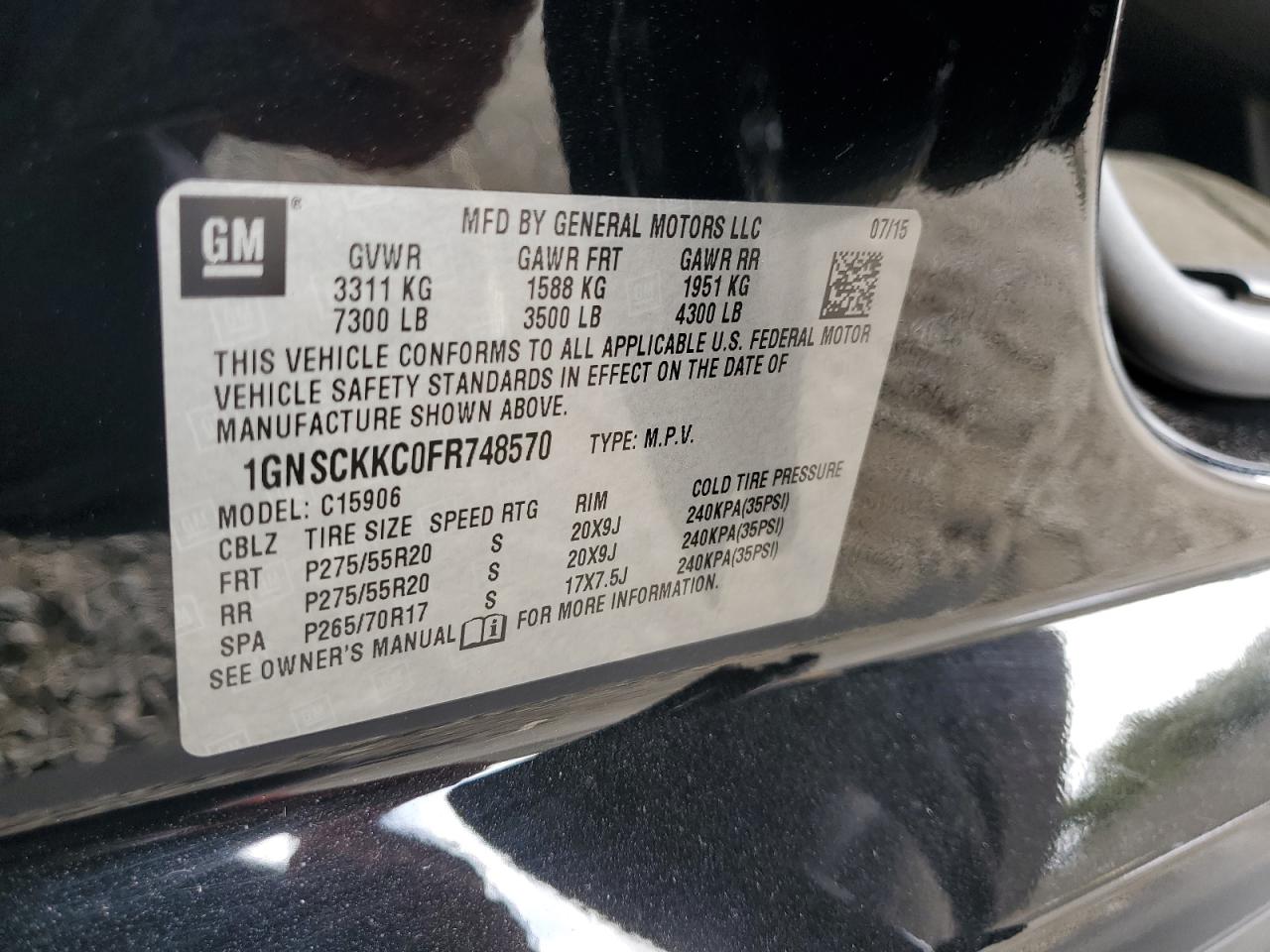 2015 Chevrolet Suburban C1500 Ltz VIN: 1GNSCKKC0FR748570 Lot: 64889425