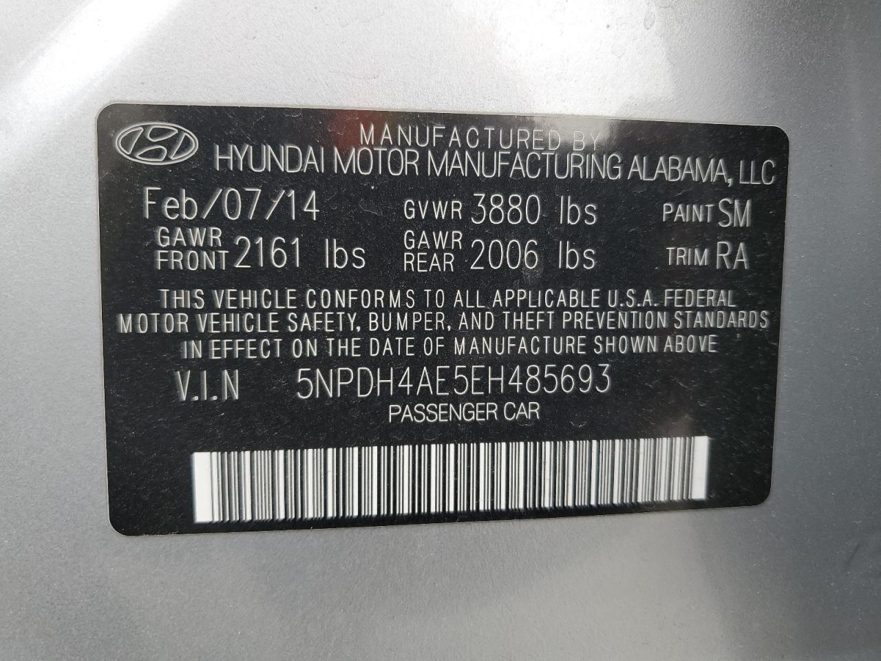 2014 Hyundai Elantra Se VIN: 5NPDH4AE5EH485693 Lot: 63270535