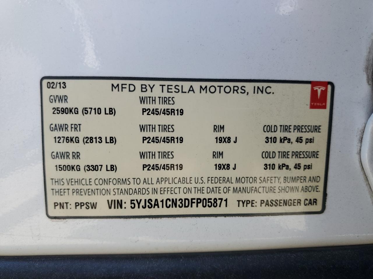 2013 Tesla Model S VIN: 5YJSA1CN3DFP05871 Lot: 64278795