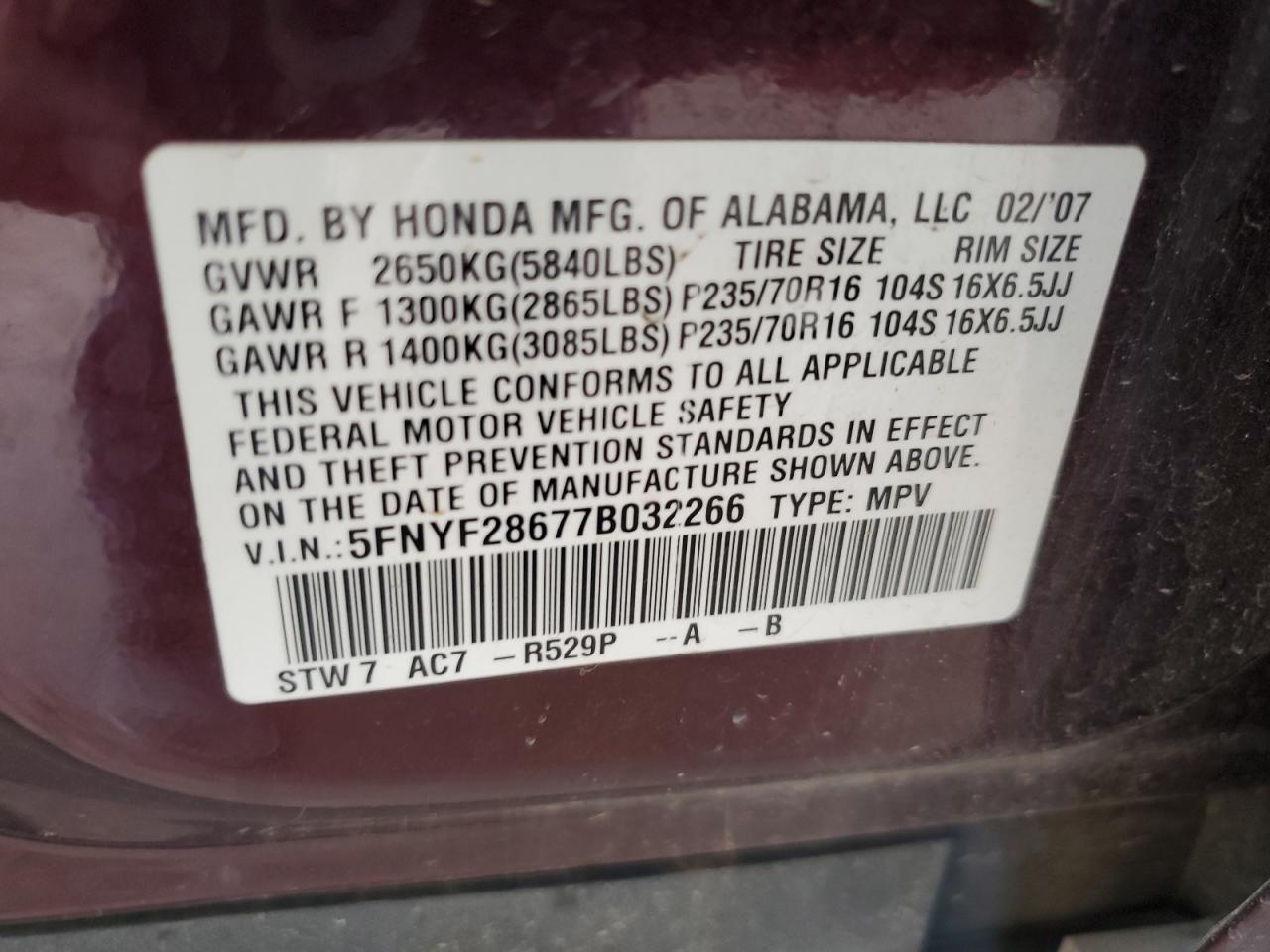 2007 Honda Pilot Exl VIN: 5FNYF28677B032266 Lot: 64326375