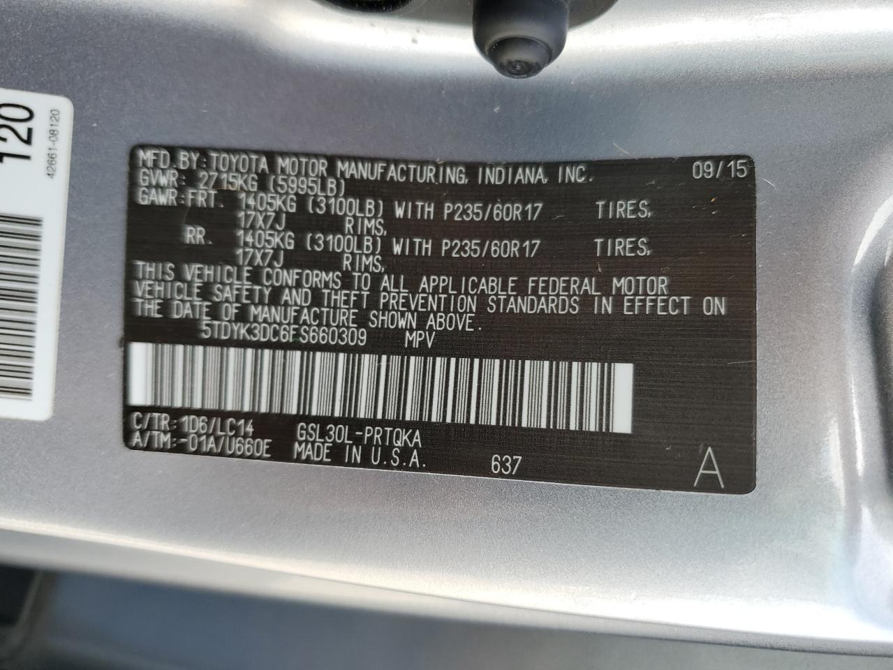 2015 Toyota Sienna Xle VIN: 5TDYK3DC6FS660309 Lot: 64625405