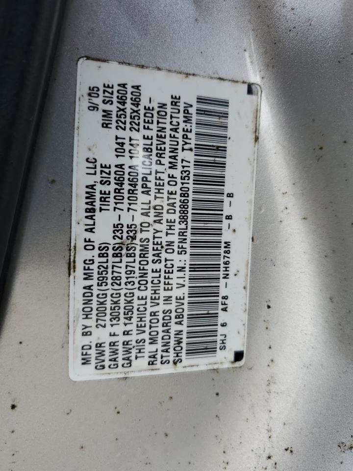 2006 Honda Odyssey Touring VIN: 5FNRL38886B015317 Lot: 63992125