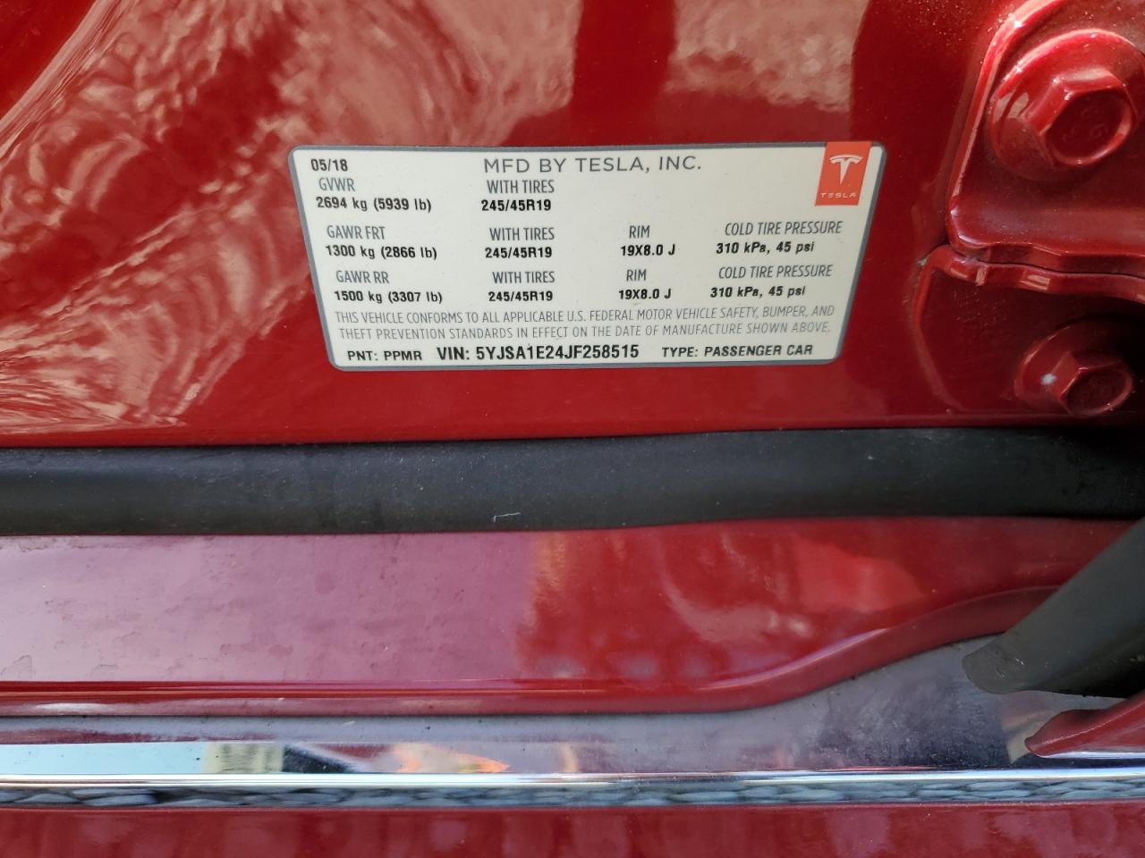 2018 Tesla Model S VIN: 5YJSA1E24JF258515 Lot: 65266565