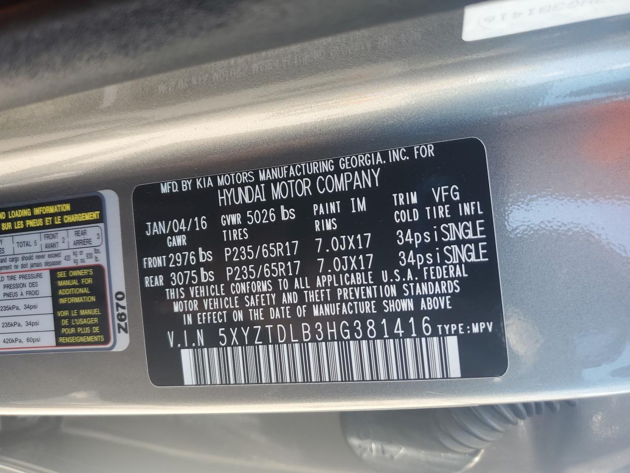 2017 Hyundai Santa Fe Sport VIN: 5XYZTDLB3HG381416 Lot: 64865915
